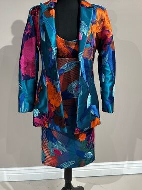 Teal Multi Floral Satin Blazer by Cesar Galindo size 2 NWT